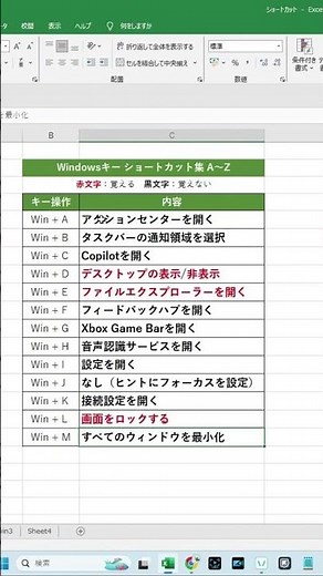 【永久保存】WindowsショートカットキーWin+をAからZまで順番に紹介おすすめは赤文字で表示E025#shorts #excel