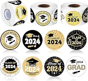 1500 Pcs 1.5 Inch 2025 Graduation Stickers Envelope Stickers Round Rolls Graduation Stickers 2025 Graduation Cap Stickers 8 Style Gold White Stickers for Adults