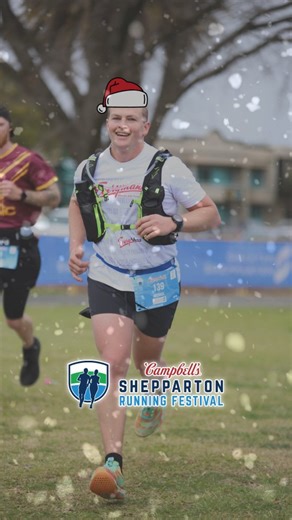 🎅 Santa’s on the run! Whether it’s 5kms or a marathon, every step counts this festive season 🎄 🎁 Treat yourself to a Gold Level entry → shepp.run VD - a montage of runners at last year's event, with santa hats edited on their heads, and snow falling overlaid. The event logo features throughout. | Shepparton Running Festival