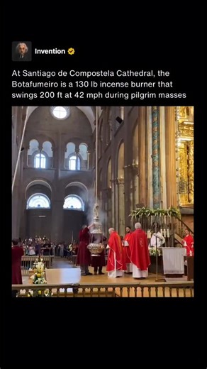 The Botafumeiro is a massive silver plated incense burner used in Santiago de Compostela Cathedral in northwestern Spain. It hangs from the cathedral’s dome and is traditionally swung during special religious services, especially on major feast days and when large numbers of pilgrims arrive. The name Botafumeiro comes from the Galician words for smoke and fumigate, reflecting its original purpose of perfuming the air inside the church. The censer weighs about 53 kilograms or roughly 130 pounds w