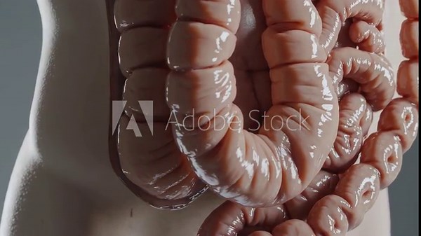 detailed anatomical models of human intestines are displayed against a gray background, illustrating various stages of digestion and intestinal activity