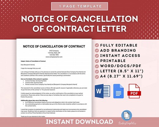 Notice of Cancellation of Contract Letter Template, Contract Termination Notice, Agreement Cancellation Letter, End of Contract Notification - Etsy