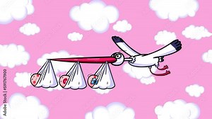 Cartoon stork bringing triplets animation. Big birds flying characters good for any film material seamless loop on clouds background. Stock Video