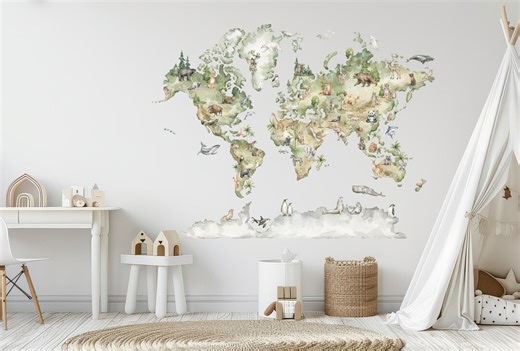 Large World Map Wall Decal Kids, Watercolor Green Forest Animals Mural Kids Nursery Decor - Etsy