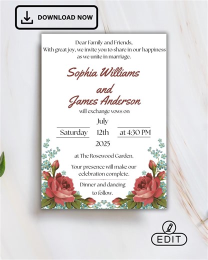Elegant Floral Wedding Invitation Template | Floral Canva Invite | Printable Digital Download for Classic Weddings - Etsy