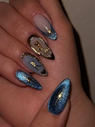 Royal Blue Cat Eye Press on Nails, Gold Chrome Rose Nails, Luxury Deep Blue Galaxy Nails, Handmade Almond Fake Nails, Celestial Blue Nails - Etsy