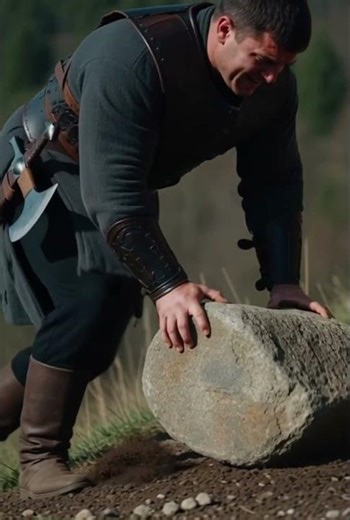 A Medieval Man Pushing A Large Stone #MedievalMan #MiddleAgedMuscle #FantasyFighter#Historical