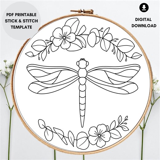 Dragonfly Embroidery Design • Floral Stick and Stitch Pattern • Insect Embroidery PDF • Beginner Hand Embroidery • Printable Template - Etsy