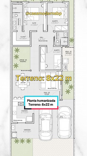 Planta Baixa Humanizada em Terreno de 8x22 Metros: Projetos de Casas Modernas
