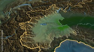 Piemonte - region of Italy with its capital zoomed on the physical map of the globe. Animation 3D