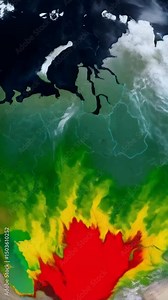Conceptual heat map visualization of a continent showing temperature variations and geographical features from a bird's-eye view.