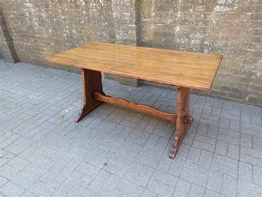 Vintage Solid Oak Refectory Table 1960s 1970s Carved Base Trestle Dining Table Removable Top FREE HAND DELIVERY - Etsy