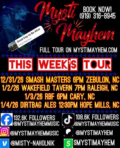 BIO: Powerhouse vocalist, guitarist, singer and songwriter with over 24 yrs of performances,and professionally trained by Bo Diddley, North Carolinian Mysti Mayhem tours throughout the year, singing a variety of covers and originals in a blues and soulful rendition. Ways To Find Mysti Mayhem: BOOK MYSTI MAYHEM (919) 316-8945 Tour dates/MERCH mystimayhem .com Patreon @ mystimayhem Facebook @ mystimayhemmusic X (Twitter) @ mystimayhem Instagram @ mystimayhemmusic Tik Tok @ mystimayhemmusic | Mysti