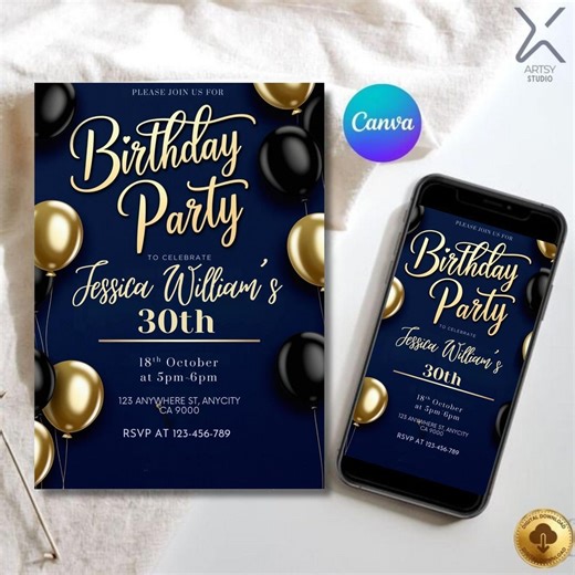 Editable Blue and Gold Birthday Invitation – Elegant Balloon Template (digital Download) - Etsy