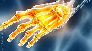 X-ray visualization of hand showing joint pain in fingers with red highlight.
