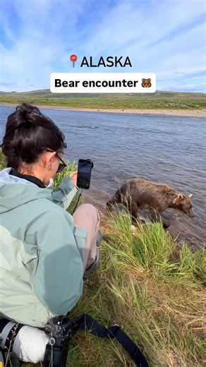 Story time & context 🐻⤵️ This was on a guided bear tour with @lakeclarkresort in Katmai National Park, Alaska. Although this wasn’t Brooks Falls, the wild bears in this particular area of the park are still used to seeing humans around every day in summer. There is a longer version of this video where this brown bear spotted us from really far away as they made their way fishing down the river. They looked at us, smelled us, and showed no signs of aggression or fear. They chose to keep walking 