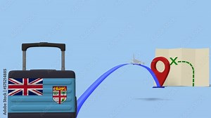 Airline flying to map with a suitcase containing the flag of - Fiji