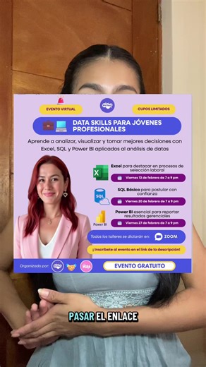 ¿Quieres aprender Excel, SQL y Power BI GRATIS? Te tengo un datazo 👀 HEYTalent y @Miss Yera lanzaron Data Skills para Jóvenes Profesionales, un evento gratuito donde vas a aprender habilidades clave en datos para destacar en procesos de selección y tomar mejores decisiones 📊 👉 Aprenderás: ✨ Excel aplicado al mundo laboral ✨ SQL básico para postular con más seguridad ✨ Power BI con enfoque gerencial 📅 Fechas: 13, 20 y 27 de febrero 🕗 7:00 p.m. – 9:00 p.m. 💻 Modalidad: Virtual (Zoom) 🎓 Even