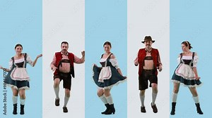 Collage. Young man and woman wearing traditional Bavarian clothes dynamically dancing against white and blue background. Concept of Oktoberfest, traditions, beer festival, celebration