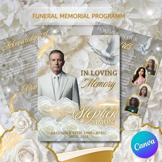 Elegant White & Gold Funeral Program Template, Celebration of Life, Canva Editable 8 Pages - Etsy