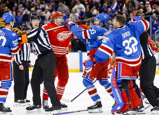 "Embarrassing. Jonathan Quick is a loser": Social media reacts as NY Rangers empty bench in retaliation to Red Wings' shot after final buzzer