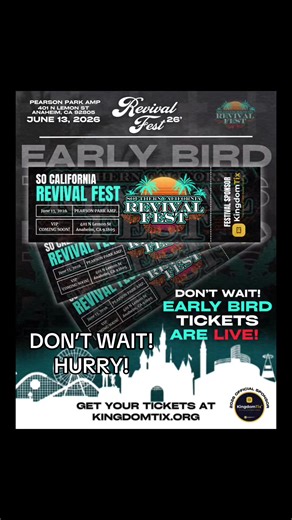 We’re excited to announce that Early Bird Tickets for Southern California Revival Fest 2026 are officially live! Taking place on June 13, 2026 at Pearson Park Amphitheatre in Anaheim, CA, Revival Fest continues to grow as one of Southern California’s strongest community-driven festivals - Faith, Hope and family. This event is powered by Kingdom Tix, our independent ticketing platform designed to support community events and local creatives with modern, streamlined tools. 🎟️ Early Bird Tickets a
