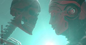 Futuristic Robot against skeleton, Artificial intelligence vs Human being, Skull and Cybernetic head on focus, Evolution of digital conceptual design