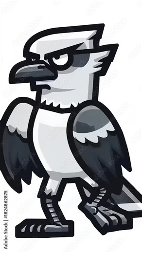 Cartoon Blue Jay Character Standing Proudly with Fierce Expression.