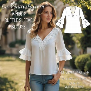 Linen V-neck Ruffle Sleeve Blouse Sewing Pattern (PDF) - Etsy
