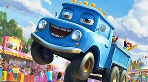 Happy cartoon truck driving through a carnival with people cheering