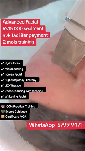 ✨ ADVANCE AESTHETIC COURSE ✨ 🚨 ONLY 2 MONTHS | ONLY Rs 15,000 🚨 Want to upgrade your beauty career and earn more? 💼💆‍♀️ Join our Advance Aesthetic Training and learn the most demanded facial treatments in the industry 👇 ✔ Hydra Facial ✔ Microneedling ✔ Korean Facial ✔ High frequency Therapy ✔ LED Therapy ✔ Deep Cleansing with Machine ✔ Whitening Facial 📚 100% Practical Training 👩‍🏫 Expert Guidance 📜 Certificate MQA 💥 Limited Seats Available – Enroll Now! 📩 DM us or WhatsApp on 5799-94