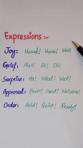 4.4K views · 110 reactions | Express your feelings, Different Expressions in daily life, Expressions in different situations, interjection, #expressions #expression #expressieyourself #expressionschallenge #express #situations #feelings #joy #grief #surprise #approval #order #interjections #interjection #englishteacher #speakupforchildren #englishvocabulary learn and write | learn and write | Facebook