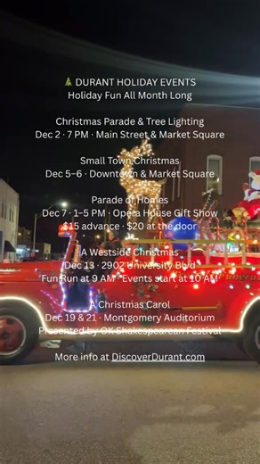 December in Durant is packed with holiday magic! From parades to carriage rides and home tours, there’s something fun around every corner. 🎄 | Discover Durant