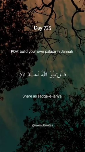 imaanultimates on Instagram: "Day 725 Abu Huraira reported: The Prophet, peace and blessings be upon him, said, “Whoever recites ten times, 'Say: He is Allah, the One,' a palace will be built for him in Paradise. Whoever recites it twenty times, two palaces will be built for him. Whoever recites it thirty times, three palaces will be built for him.” Source: al-Mu’jam al-Awsaṭ lil-Ṭabarānī 281 #Day725 #reel #reelinstagram #islamiccontent jannah #surehikhlas explore explorepage islamicpage dai