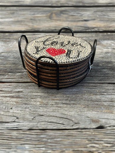 Rhinestone “love” Coaster Set With Holder | Bling Drink Coasters | Rustic Glam Home Decor | Housewarming Gift - Etsy