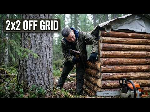 Tiny 2x2 Off Grid Cabin Build: Solo Deep in the Forest
