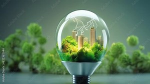A light bulb containing a miniature green city, symbolizing eco-friendly urban living and sustainable development. Environmental Conservation. Renewable energy sources