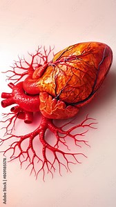 Realistic heart organ. Beating human heart, 3d realistic, anatomically correct heart with vascular system, 3d animation of a beating human heart. Anatomy Human Heart Beating 4k videos background blood