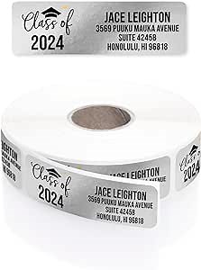Graduation Silver Foil Rolled Address Labels/Roll of 500 Personalized Address Labels/Designer Return Address Stickers in Elegant Plastic Dispenser