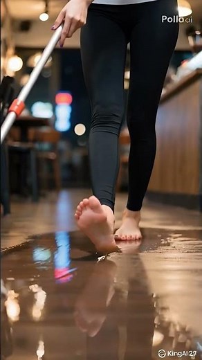 Barefoot girl cleaning the floor