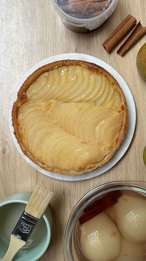 Pear Almond Tart or Tarte Bourdaloue Sweet shortcrust pastry dough 1. 120g all purpose flour 2. 40g almond flour 3. 30g powdered sugar 4. A pinch of salt 5. 20g egg 6. 75g butter For a cake ring size 16,5 cm x 2 cm Almond Frangipane 1. 60g soft butter 2. 80g almond flour 3. 60g powdered sugar 4. 1 egg 5. 1 tsp rum/optional 6. 1 tsp vanilla extract 7. 40g pastry cream Pastry cream 1. 100g milk 2. 6g sugar 3. 1 tsp vanilla extract 4. One whole egg 5. 6g cornstarch 6. 15g soft butter Poached pears 