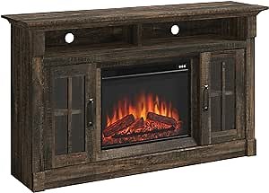Sauder Media Fireplace Credenza, for Tv's up to 65", Carbon Oak Finish