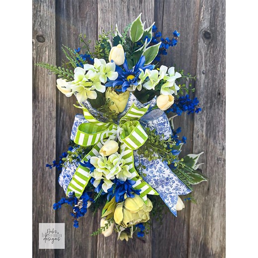 Blue, Green and White Floral Door Swag: Spring Floral Decor - Etsy