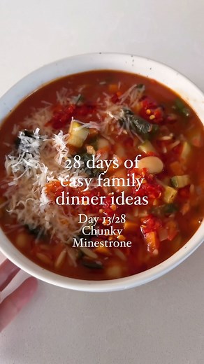 Comforting Chunky Minestrone by @simple.home.edit Welcome back to 28 days of easy family dinner ideas where I share with you what we are having for dinner and ways I like to save time during the week. This is a simple, wholesome classic minestrone which is so quick and easy. It’s only a few dollars per serve and it is on the table in less than 20 minutes, perfect for busy weeknights. It’s enough to feed my family twice, it’s freezer friendly AND I can smother it in parmesan and chilli oil which