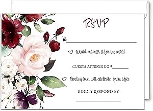 Burgundy Blossoms RSVP Cards for Wedding Invitations with Envelopes - Response Inserts for Bridal Shower, Birthday, Graduation, Anniversary - Contemporary Floral Design, 3.5x5, Pack of 25