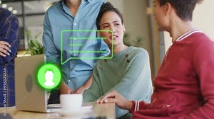 Chat bubble and user icon animation over diverse people having conversation