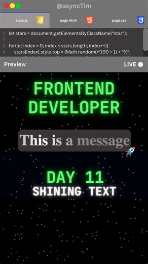 Tim | Frontend Development & Coding on Instagram: "Shining text in HTML and CSS | Day 11 of Frontend Development In this episode we used the linear-gradient function in css in combination with a keyframes animation to let the text shine. As its name already states, the linear-gradient function allows us to create a colored gradient in one direction, that’s why it is called linear. In our case we used gray tone, then white, and then a gray tone again to have a smooth transition. You can do a lot 