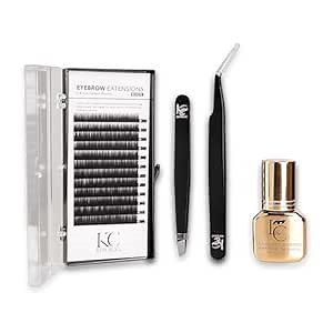 Lash Eyebrow Extensions Kit with 1 x Trays of Mink False Eyebrows in Black Comes on Mixed Length Trays 5-8 mm Mix, Glue Clear & Dual Pack (Straight & Curved Tip) Extension Tweezers