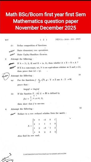 Mathematics BSc first year First Sem question paper November December 2025 topics in algebra #bsc