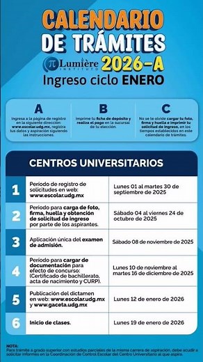 Calendario de trámites de ingreso ingreso ciclo escolar 2026-A.#UDG